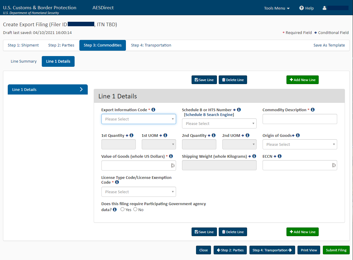 Automated export system aes data fields on the ace portal